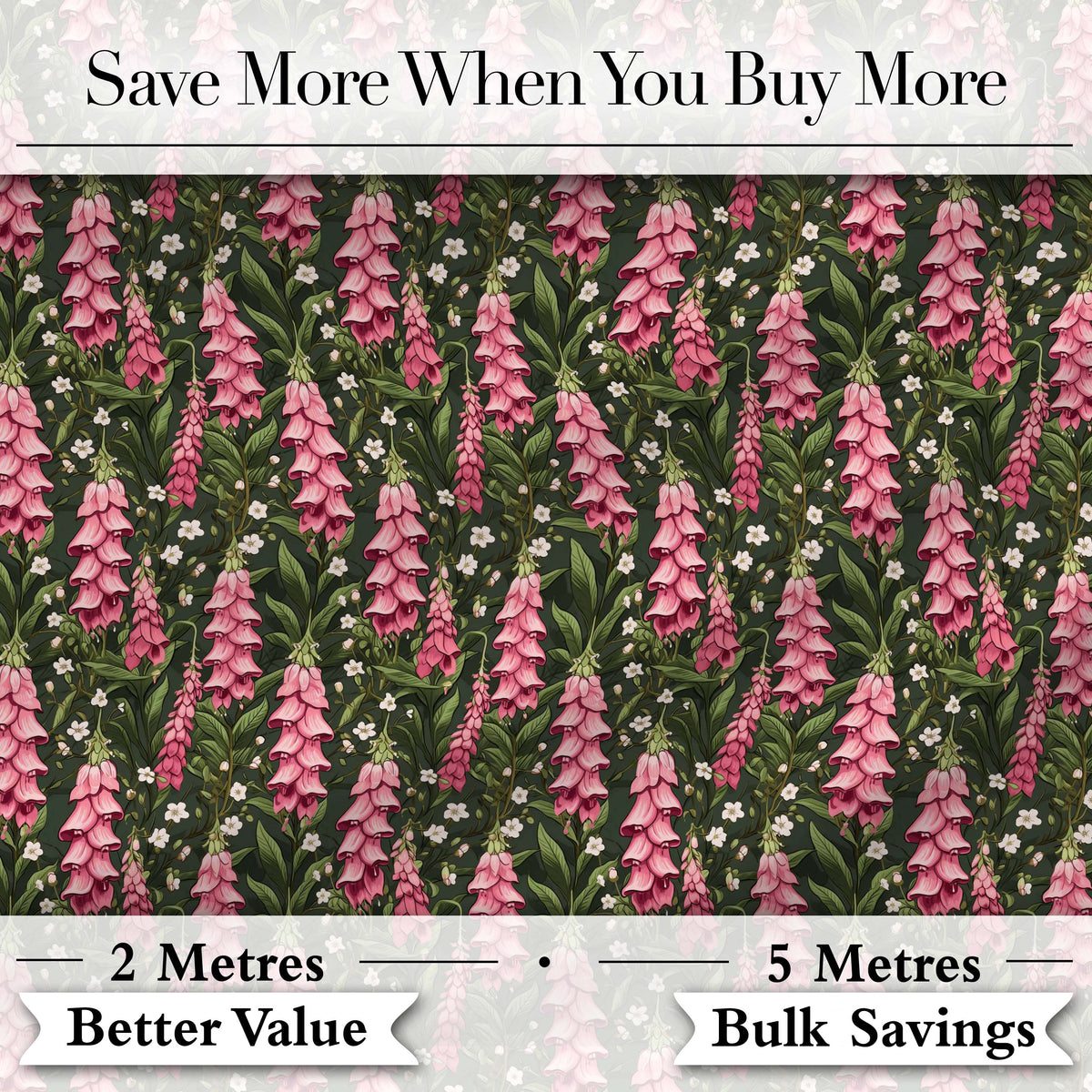 Pink Foxglove Flowers and Wild Meadow Botanical Seamless Pattern Digital Print Fabric by the Metre UK Sewing Quilting Textile