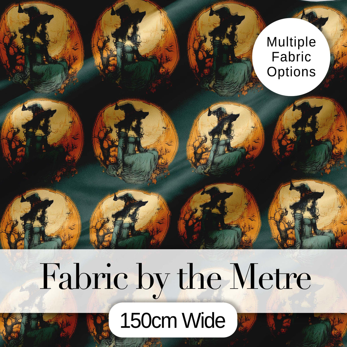 Elegant Gothic Witch Moonlit Night Seamless Pattern Digital Print Fabric by the Metre UK Sewing Quilting Textile