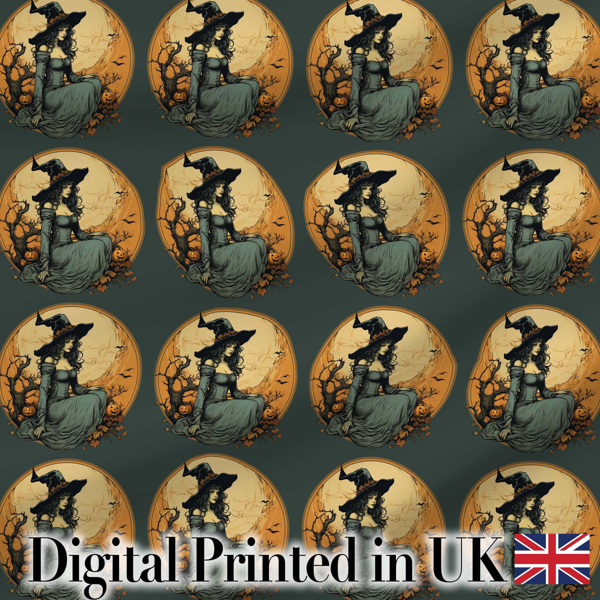 Elegant Gothic Witch Moonlit Night Seamless Pattern Digital Print Fabric by the Metre UK Sewing Quilting Textile