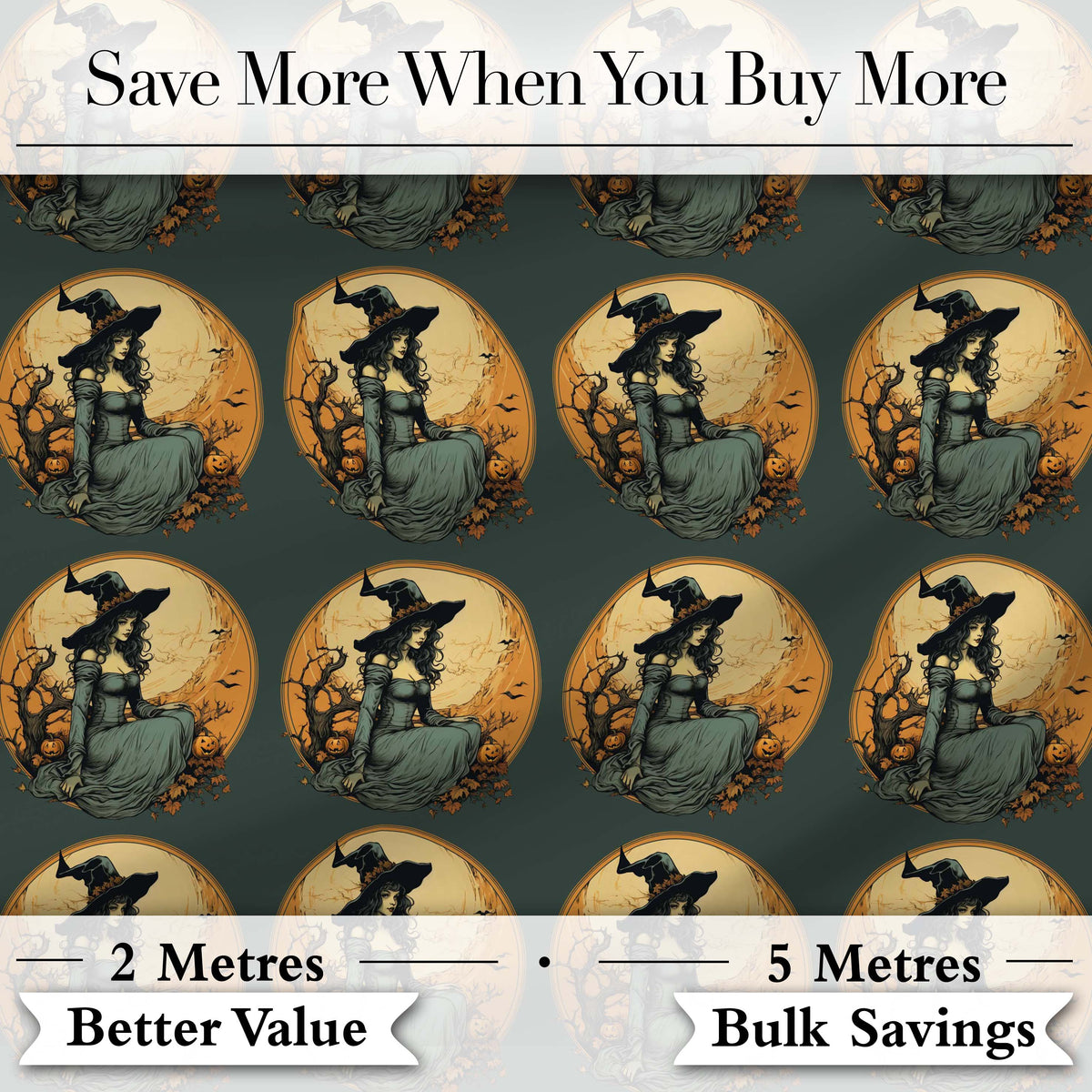 Elegant Gothic Witch Moonlit Night Seamless Pattern Digital Print Fabric by the Metre UK Sewing Quilting Textile