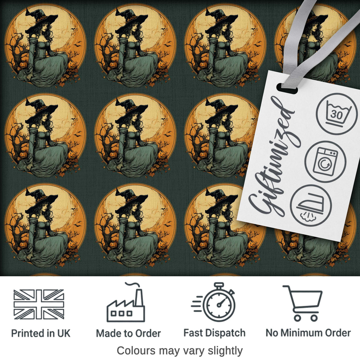 Elegant Gothic Witch Moonlit Night Seamless Pattern Digital Print Fabric by the Metre UK Sewing Quilting Textile