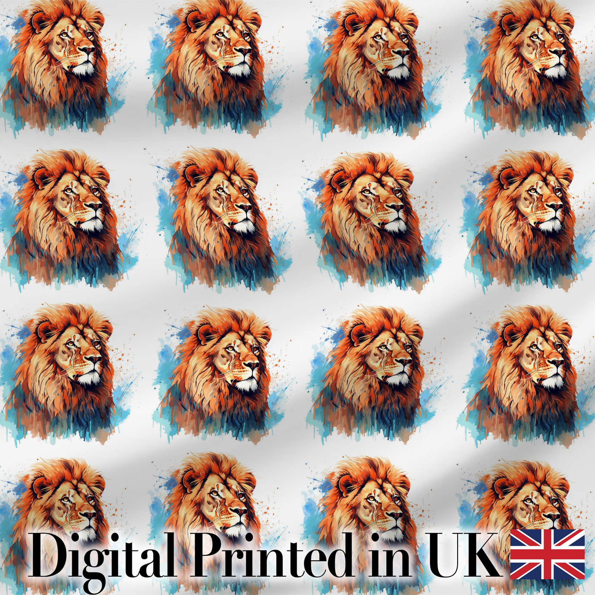 Colorful Lion Face Artistic Paint Splash Seamless Pattern Digital Print Fabric by the Metre UK Sewing Quilting Textile