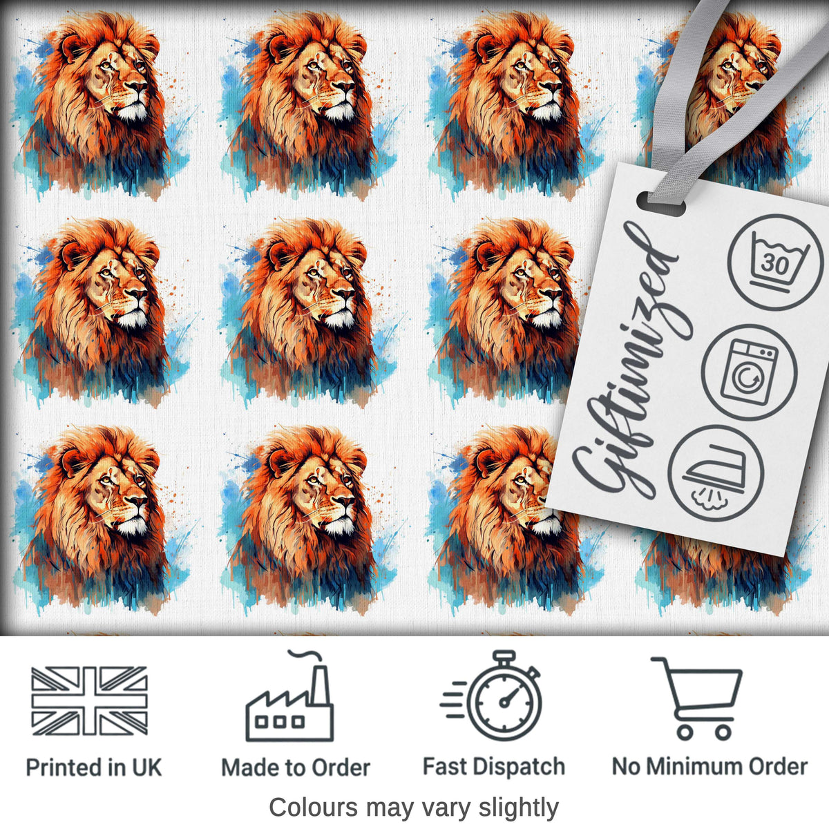 Colorful Lion Face Artistic Paint Splash Seamless Pattern Digital Print Fabric by the Metre UK Sewing Quilting Textile