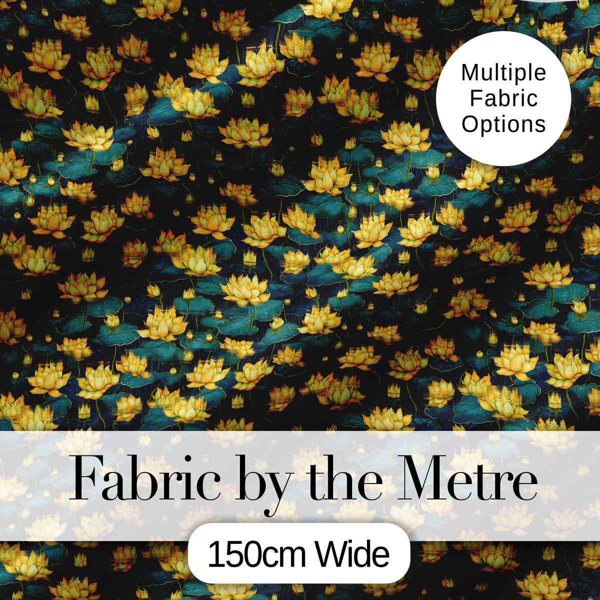 Golden Lotus Pond Floral Nature Seamless Pattern Digital Print Fabric by the Metre UK Sewing Quilting Textile