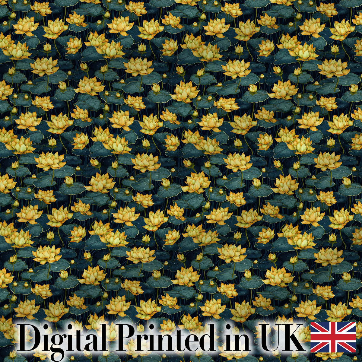 Golden Lotus Pond Floral Nature Seamless Pattern Digital Print Fabric by the Metre UK Sewing Quilting Textile
