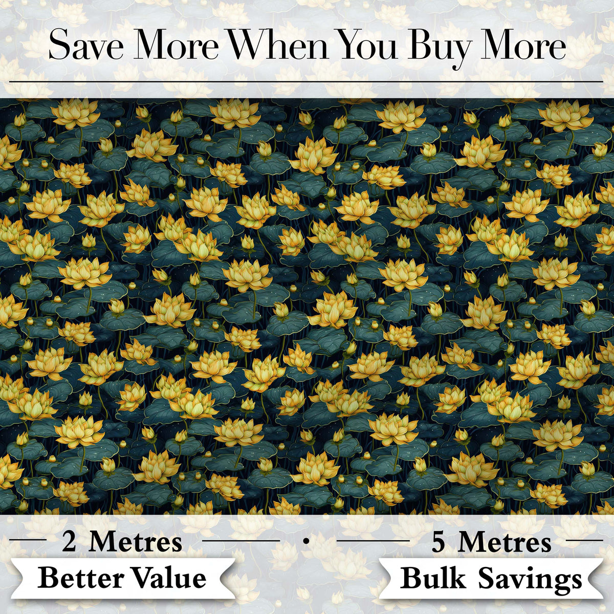 Golden Lotus Pond Floral Nature Seamless Pattern Digital Print Fabric by the Metre UK Sewing Quilting Textile
