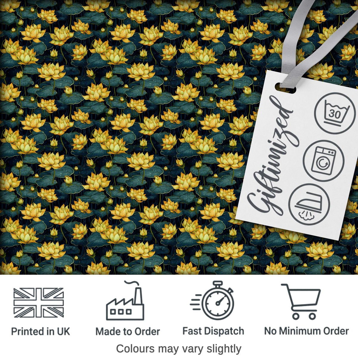 Golden Lotus Pond Floral Nature Seamless Pattern Digital Print Fabric by the Metre UK Sewing Quilting Textile