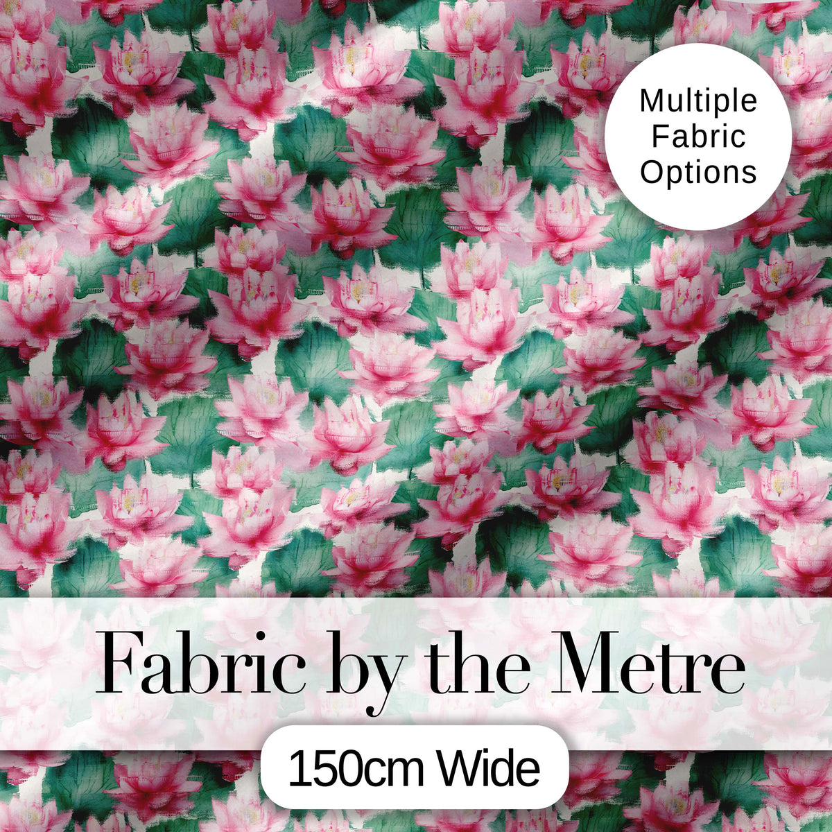 Pink Lotus Flower Botanical Watercolor Seamless Pattern Digital Print Fabric by the Metre UK Sewing Quilting Textile