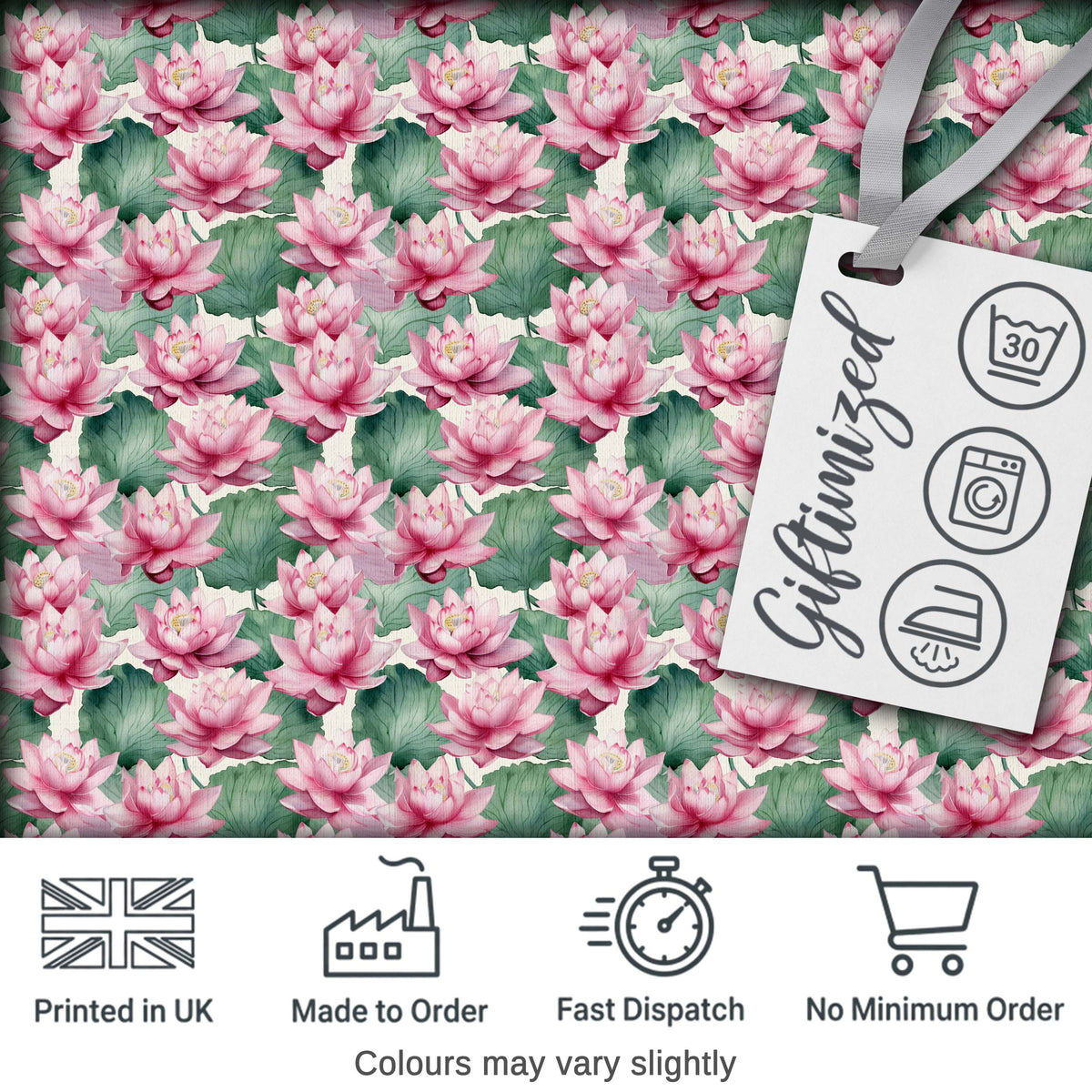 Pink Lotus Flower Botanical Watercolor Seamless Pattern Digital Print Fabric by the Metre UK Sewing Quilting Textile