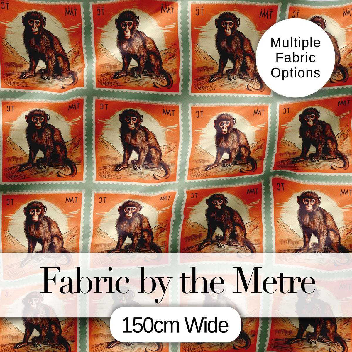Vintage Monkey Postage Stamp Illustration Seamless Pattern Digital Print Fabric by the Metre UK Sewing Quilting Textile
