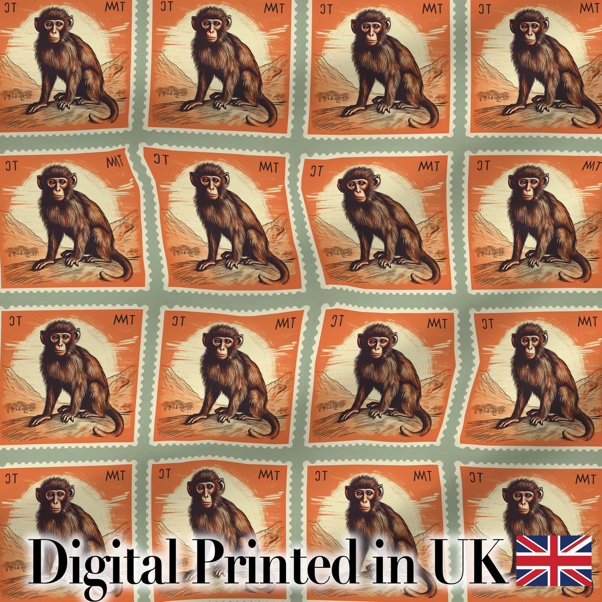Vintage Monkey Postage Stamp Illustration Seamless Pattern Digital Print Fabric by the Metre UK Sewing Quilting Textile