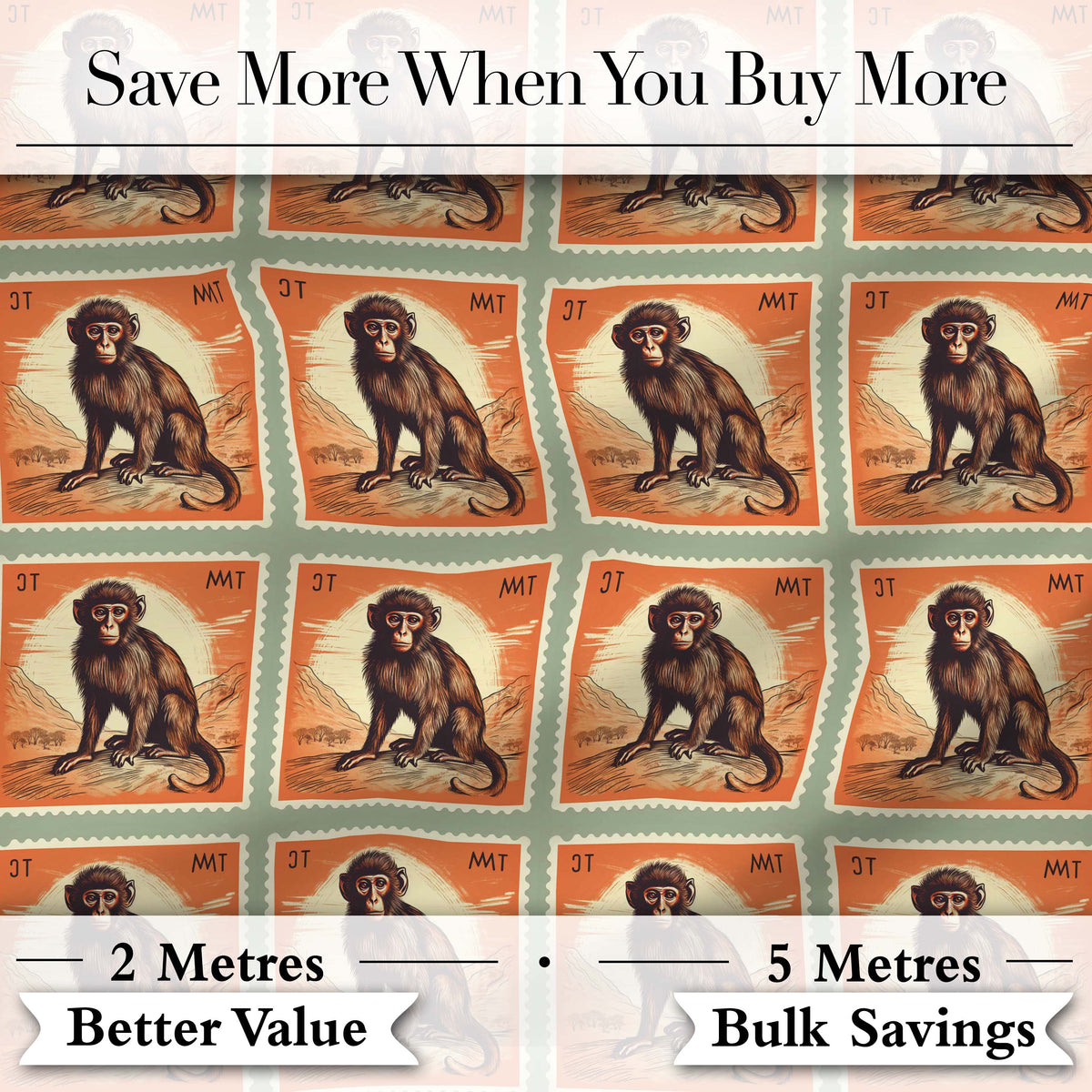 Vintage Monkey Postage Stamp Illustration Seamless Pattern Digital Print Fabric by the Metre UK Sewing Quilting Textile