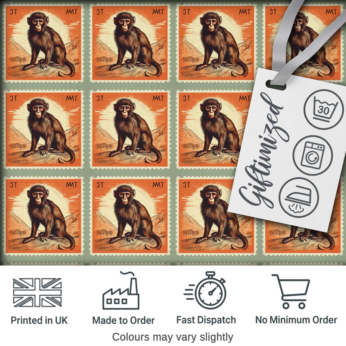 Vintage Monkey Postage Stamp Illustration Seamless Pattern Digital Print Fabric by the Metre UK Sewing Quilting Textile