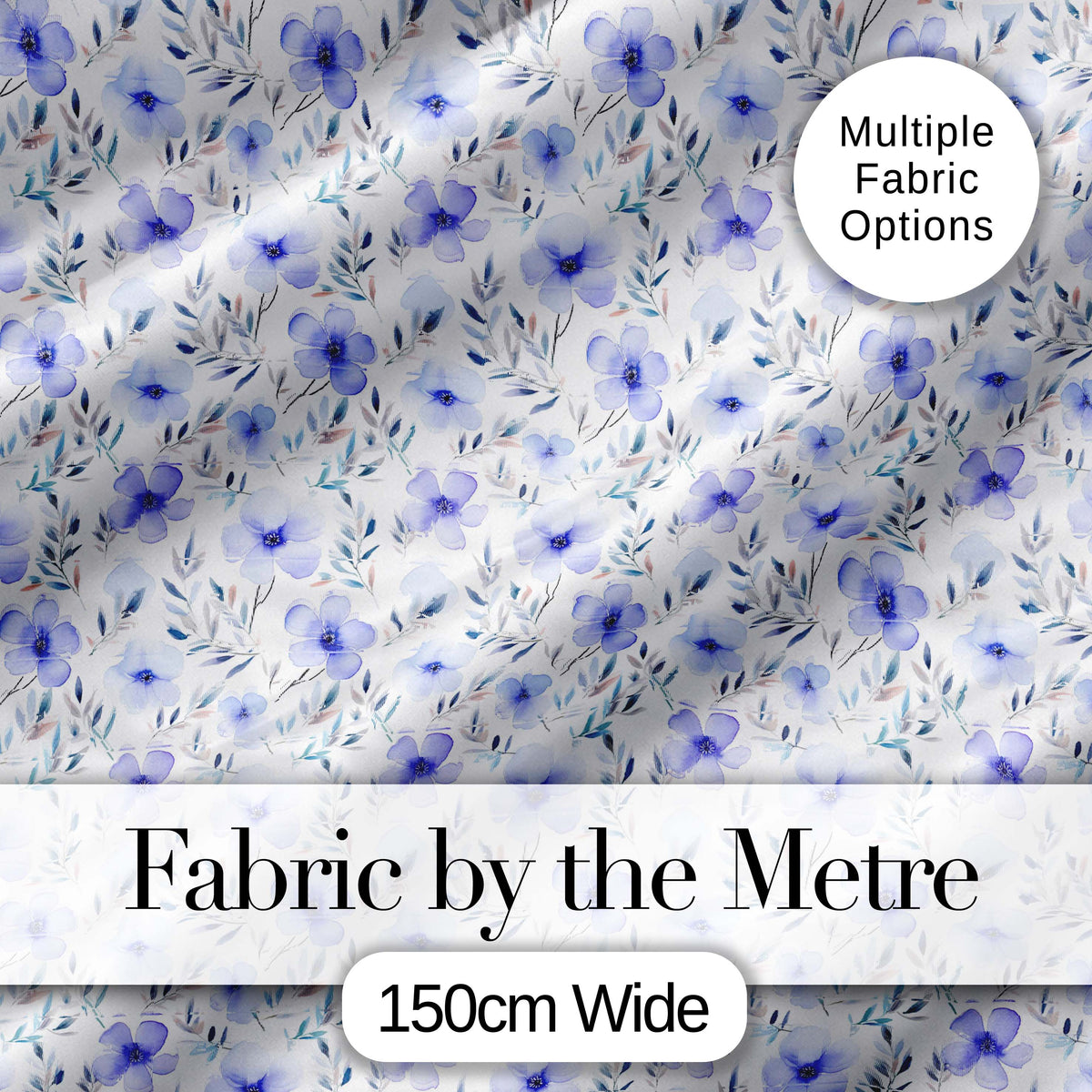 Delicate Blue Watercolor Flowers and Leaves Seamless Pattern Elegant Botanical Digital Print Fabric by the Metre UK Sewing Quilting Textile