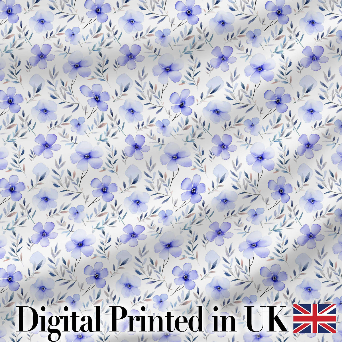 Delicate Blue Watercolor Flowers and Leaves Seamless Pattern Elegant Botanical Digital Print Fabric by the Metre UK Sewing Quilting Textile