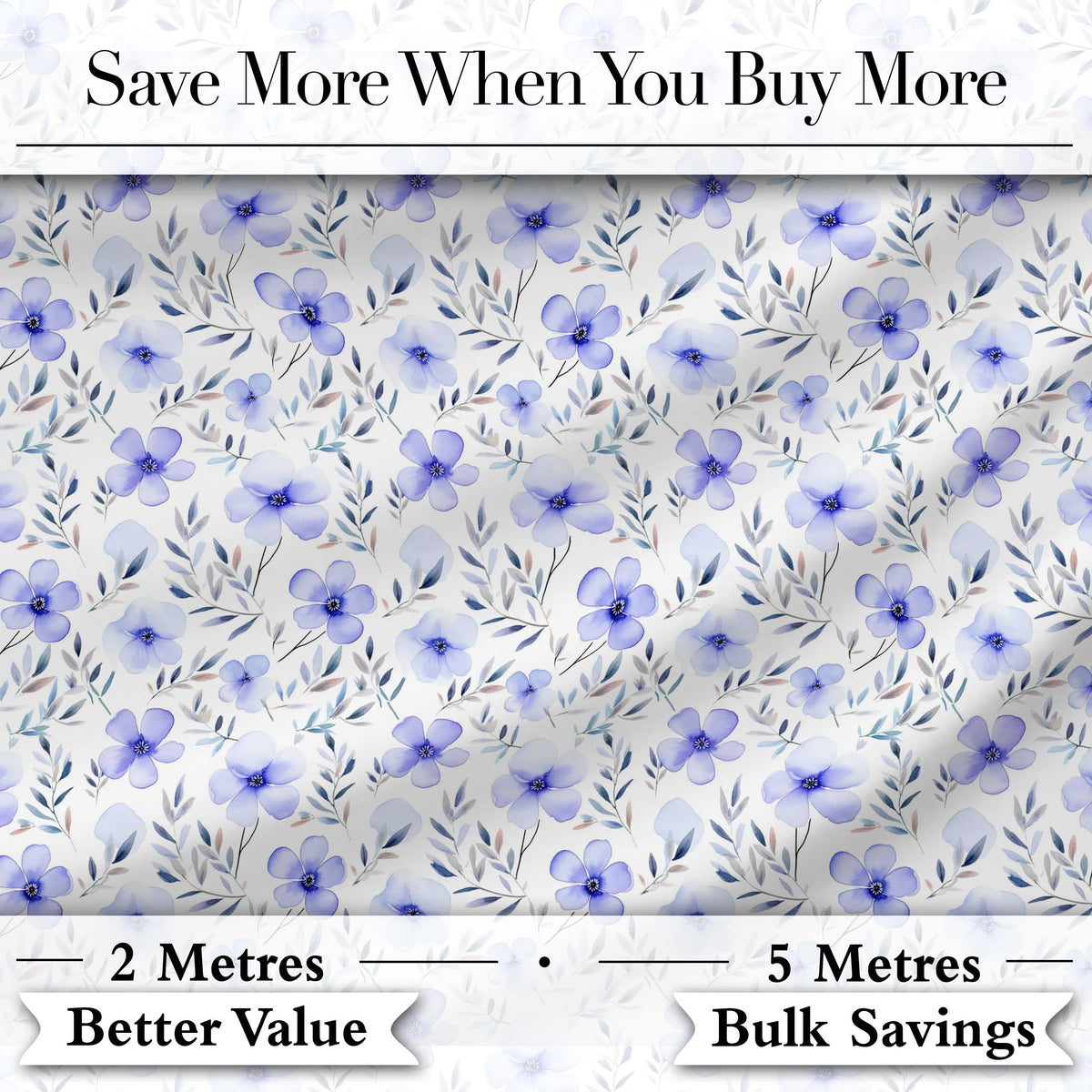 Delicate Blue Watercolor Flowers and Leaves Seamless Pattern Elegant Botanical Digital Print Fabric by the Metre UK Sewing Quilting Textile