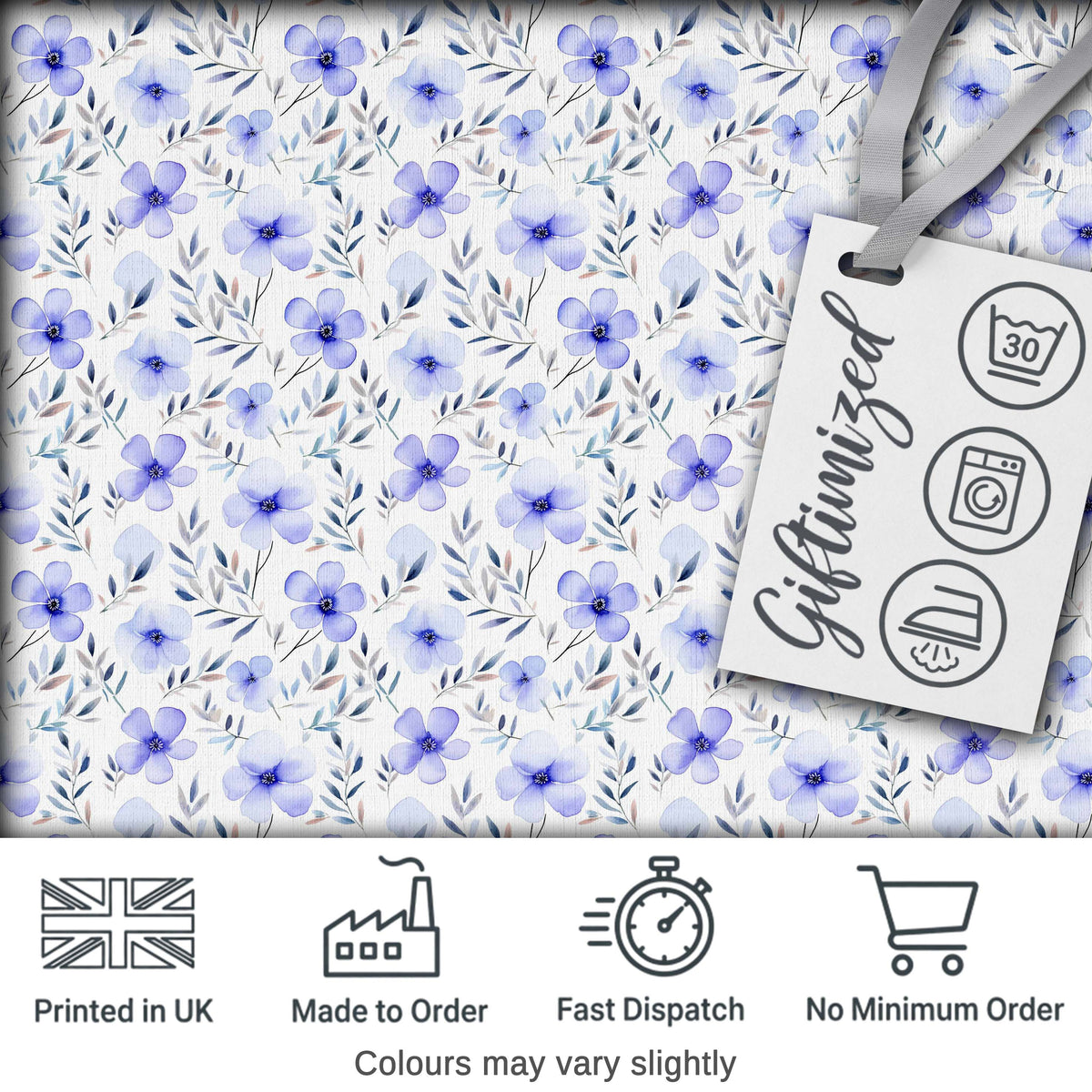 Delicate Blue Watercolor Flowers and Leaves Seamless Pattern Elegant Botanical Digital Print Fabric by the Metre UK Sewing Quilting Textile