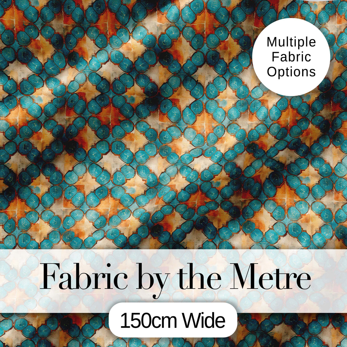 Moroccan Tile Blue Orange Geometric Seamless Pattern Ornamental Design Digital Print Fabric by the Metre UK Sewing Quilting Textile