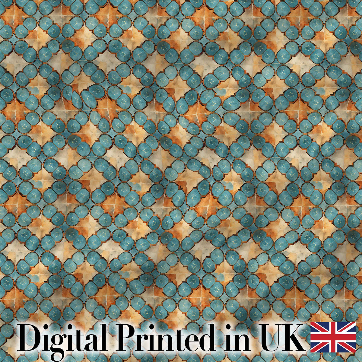 Moroccan Tile Blue Orange Geometric Seamless Pattern Ornamental Design Digital Print Fabric by the Metre UK Sewing Quilting Textile