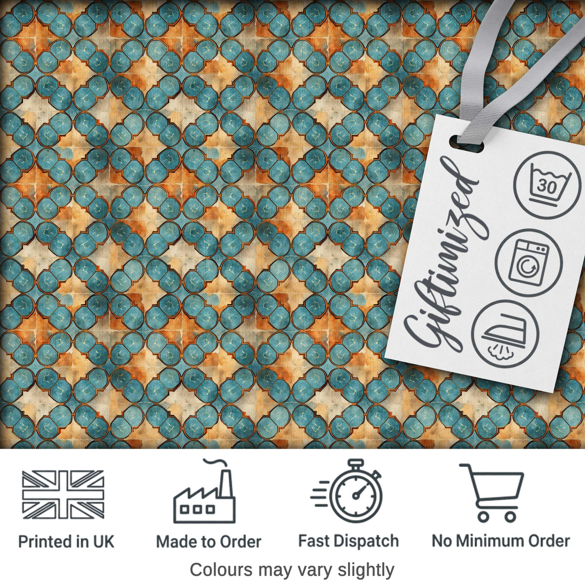 Moroccan Tile Blue Orange Geometric Seamless Pattern Ornamental Design Digital Print Fabric by the Metre UK Sewing Quilting Textile