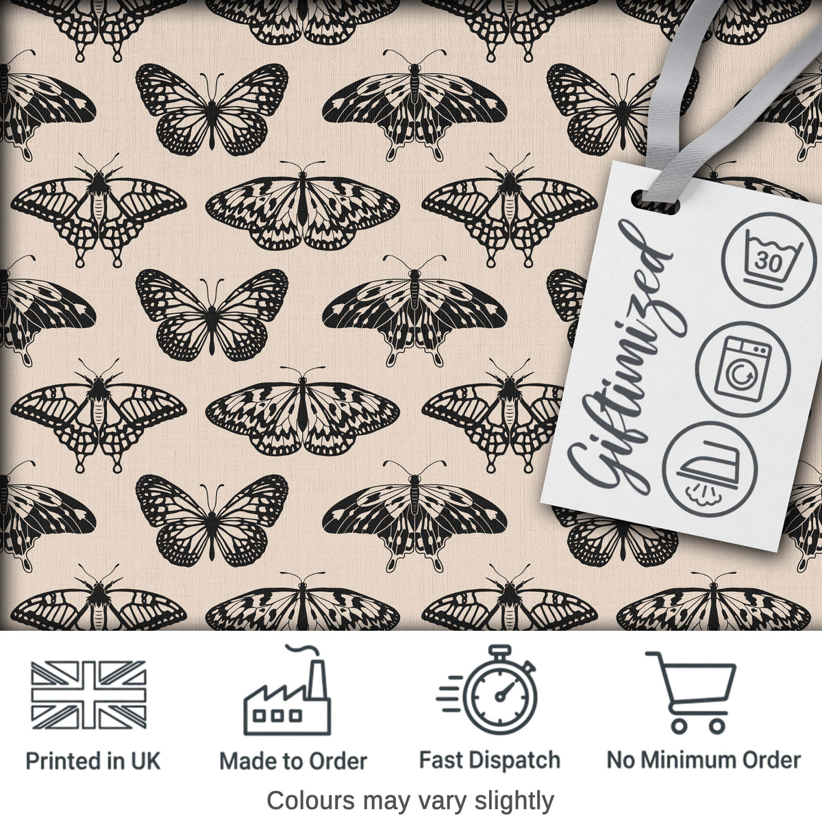 Black Butterfly Illustration Seamless Pattern Vintage Insect Design Digital Print Fabric by the Metre UK Sewing Quilting Textile