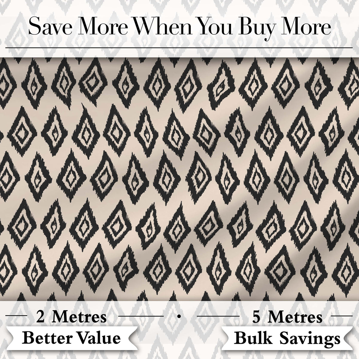Black Tribal Diamond Ikat Seamless Pattern Ethnic Geometric Design Digital Print Fabric by the Metre UK Sewing Quilting Textile