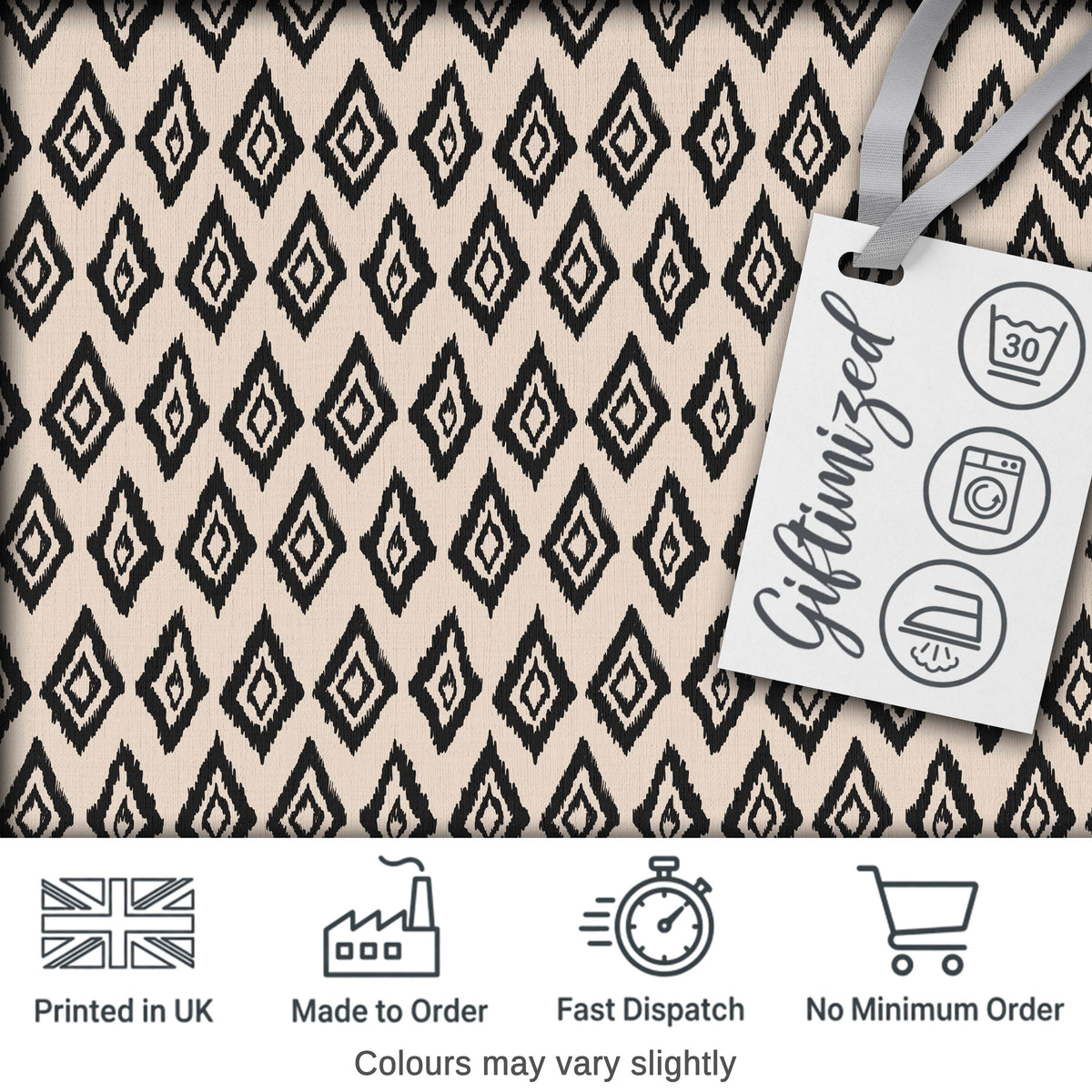 Black Tribal Diamond Ikat Seamless Pattern Ethnic Geometric Design Digital Print Fabric by the Metre UK Sewing Quilting Textile