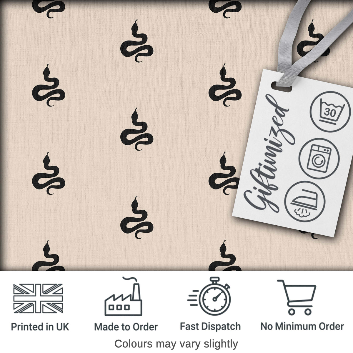 Minimal Black Snake Silhouette Seamless Pattern on Neutral Background Digital Print Fabric by the Metre UK Sewing Quilting Textile