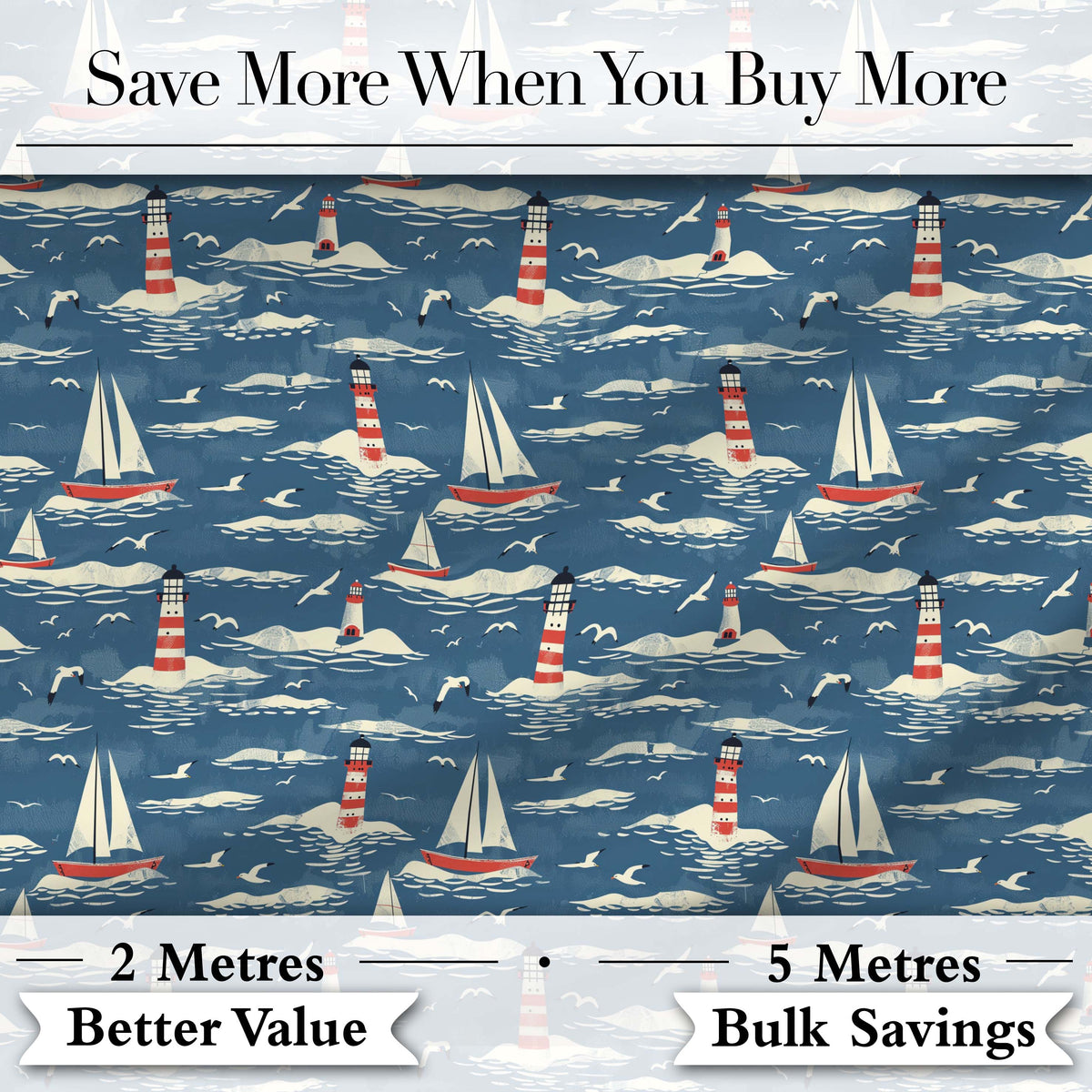 Lighthouse Sailboat Ocean Waves Seamless Pattern Vintage Coastal Scene Digital Print Fabric by the Metre UK Sewing Quilting Textile