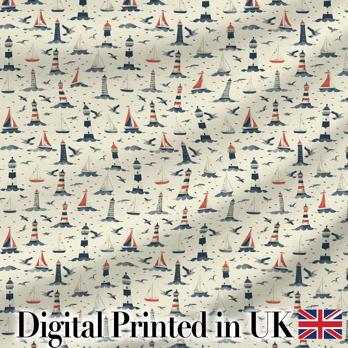 Lighthouse Sailboat Seagull Seamless Pattern Coastal Nautical Scene Digital Print Fabric by the Metre UK Sewing Quilting Textile