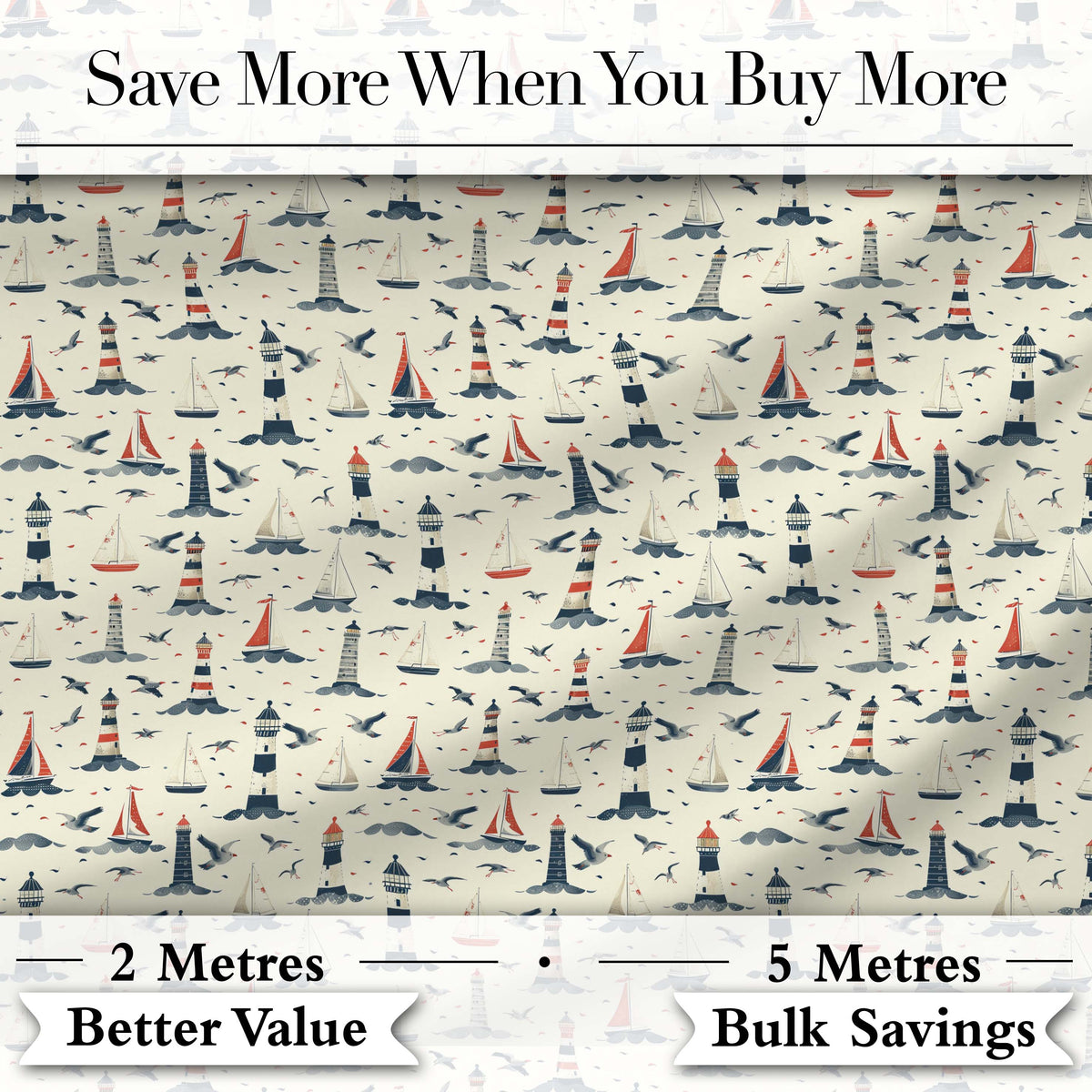 Lighthouse Sailboat Seagull Seamless Pattern Coastal Nautical Scene Digital Print Fabric by the Metre UK Sewing Quilting Textile
