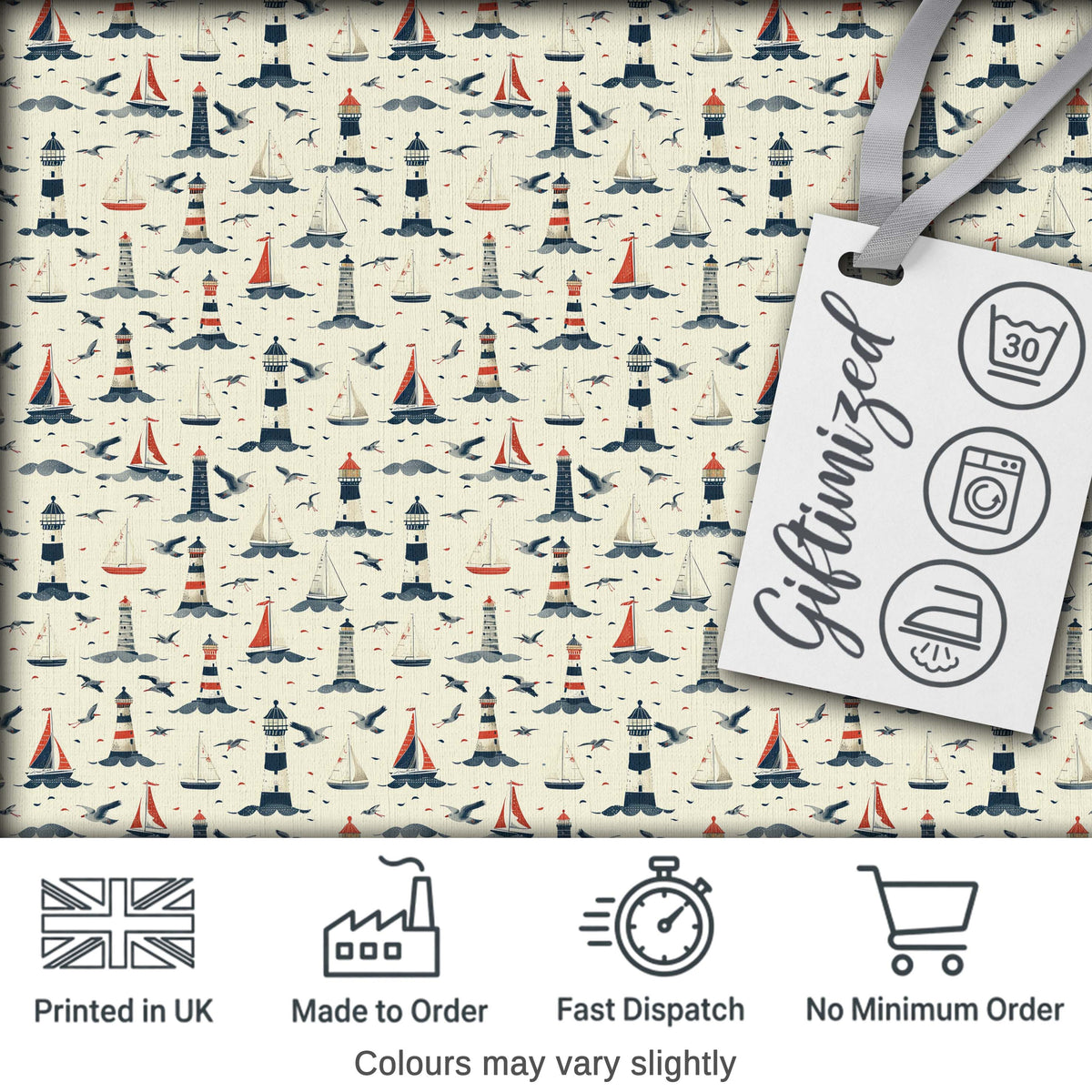 Lighthouse Sailboat Seagull Seamless Pattern Coastal Nautical Scene Digital Print Fabric by the Metre UK Sewing Quilting Textile