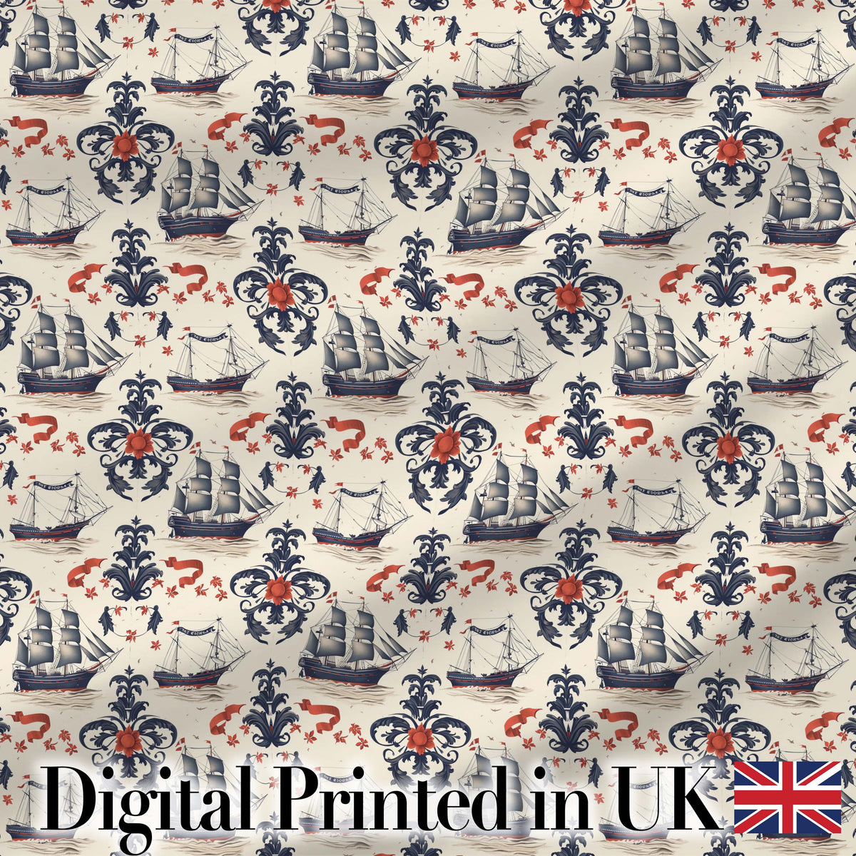 Elegant Nautical Ship Floral Seamless Pattern Vintage Marine Artwork Design Digital Print Fabric by the Metre UK Sewing Quilting Textile