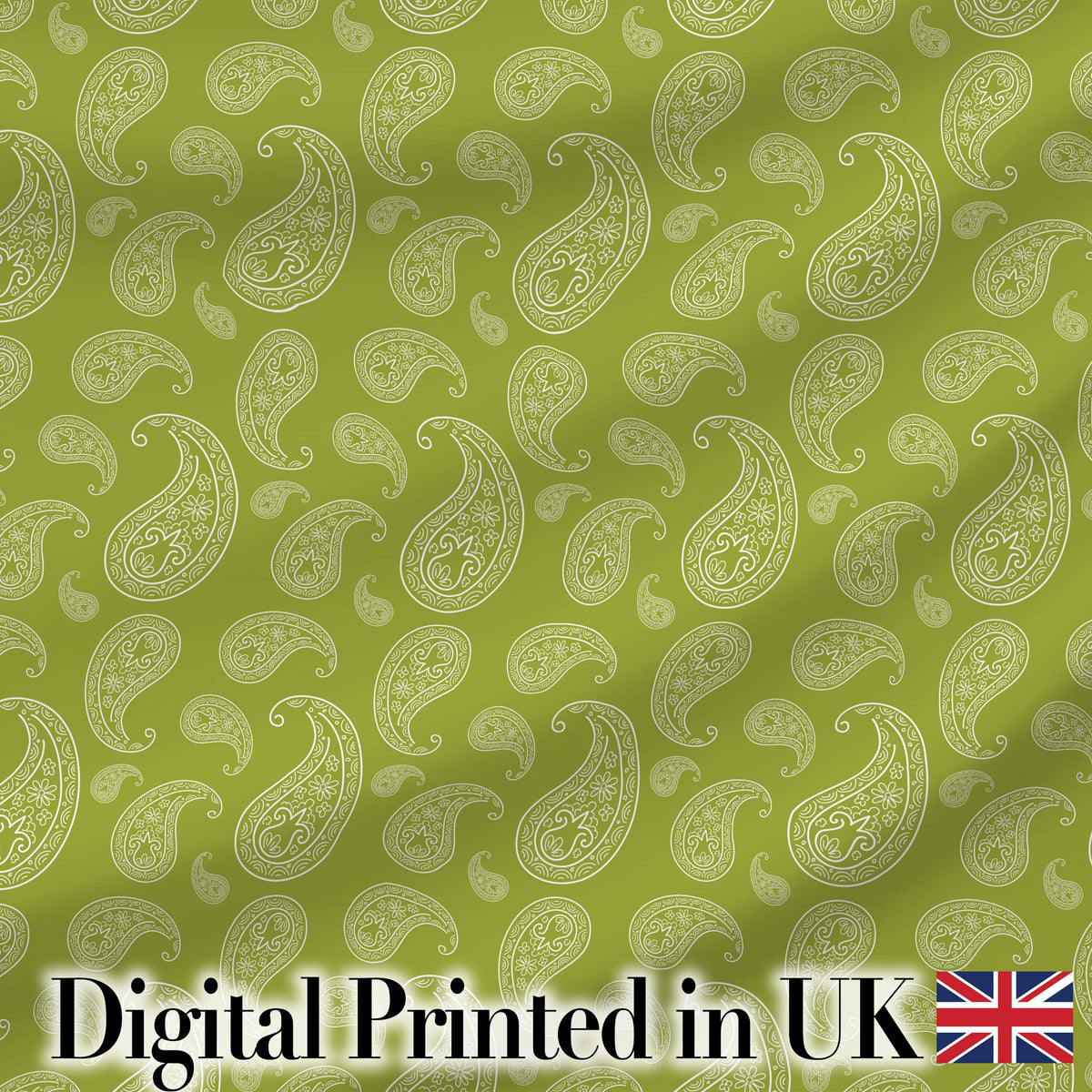 Elegant White Paisley Pattern Olive Green Gradient Background Seamless Digital Print Fabric by the Metre UK Sewing Quilting Textile