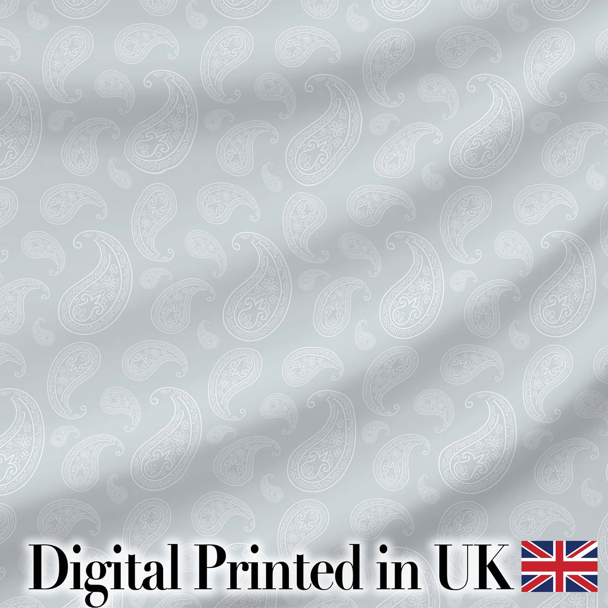 Elegant White Paisley Pattern Smooth Silver Grey Gradient Background Seamless Digital Print Fabric by the Metre UK Sewing Quilting Textile