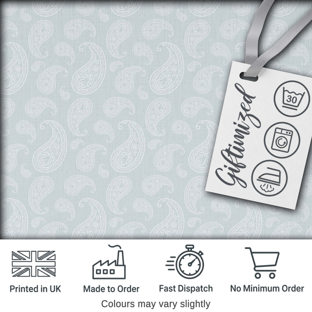 Elegant White Paisley Pattern Smooth Silver Grey Gradient Background Seamless Digital Print Fabric by the Metre UK Sewing Quilting Textile