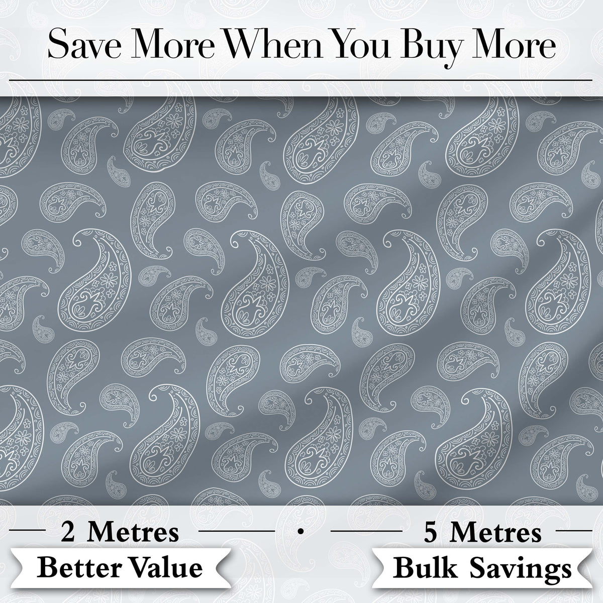Elegant White Paisley Pattern Muted Slate Grey Gradient Background Seamless Digital Print Fabric by the Metre UK Sewing Quilting Textile