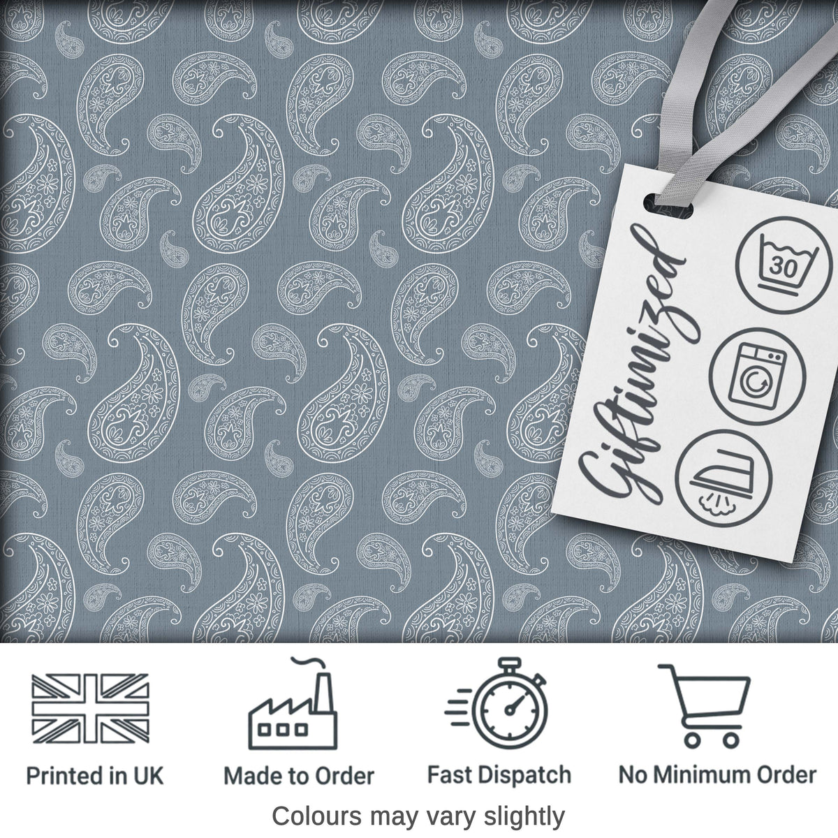 Elegant White Paisley Pattern Muted Slate Grey Gradient Background Seamless Digital Print Fabric by the Metre UK Sewing Quilting Textile