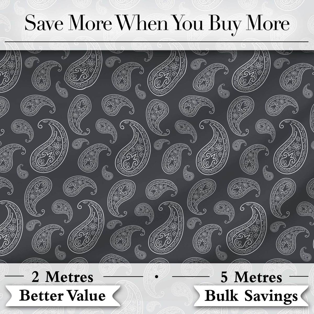 Elegant White Paisley Pattern Rich Black Grey Gradient Background Seamless Digital Print Fabric by the Metre UK Sewing Quilting Textile