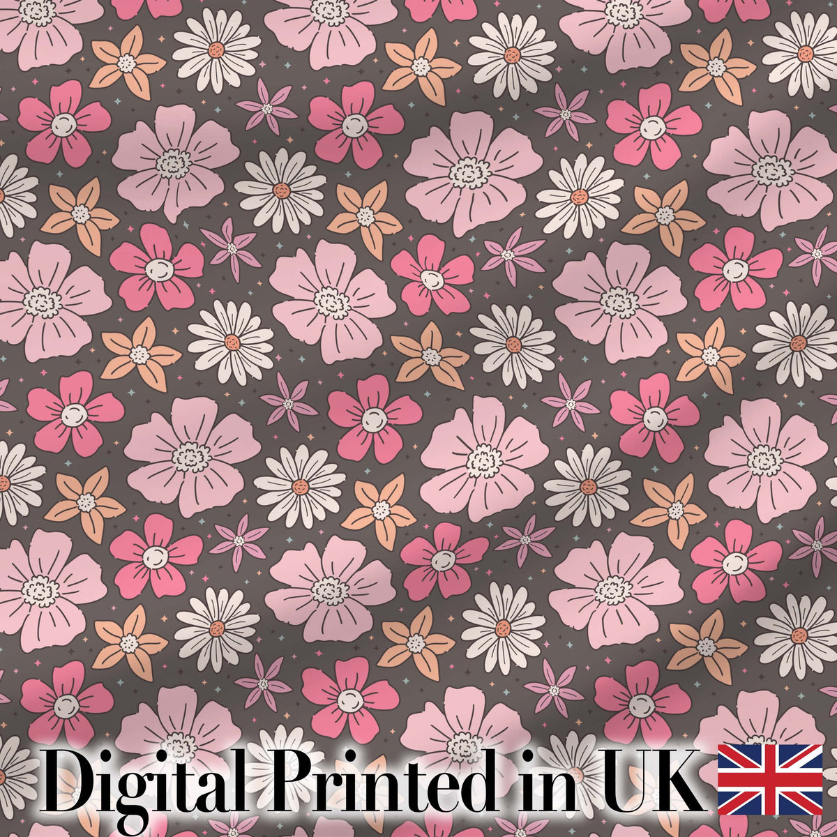 Cute Hand Drawn Floral Ditsy Flowers Pattern Dark Grey Background Seamless Digital Print Fabric by the Metre UK Sewing Quilting Textile