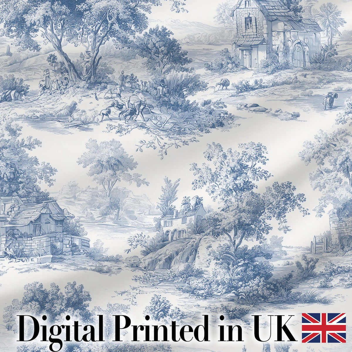 Vintage Toile Countryside Scenic Pattern Blue and White Seamless Digital Print Fabric by the Metre UK Sewing Quilting Textile