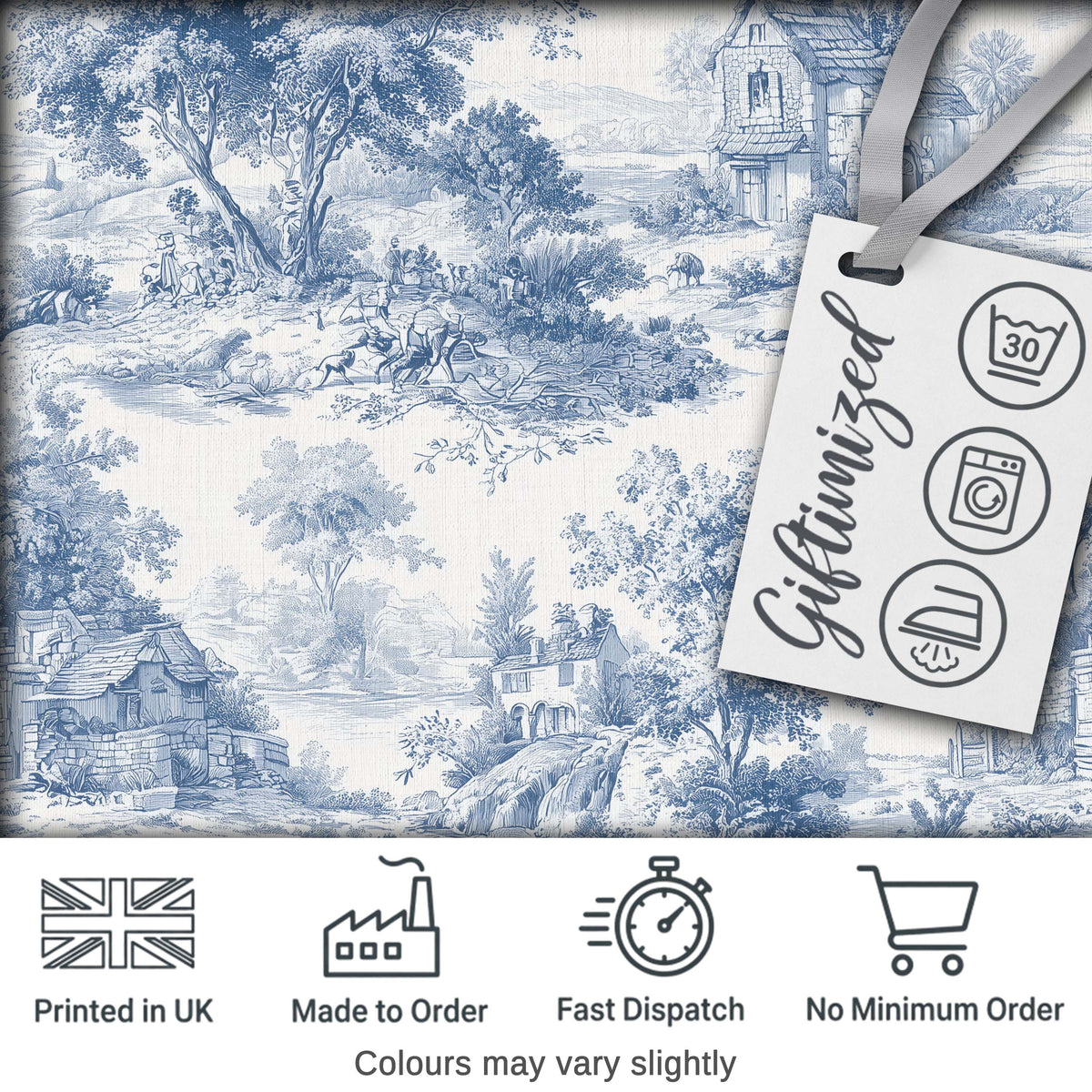Vintage Toile Countryside Scenic Pattern Blue and White Seamless Digital Print Fabric by the Metre UK Sewing Quilting Textile