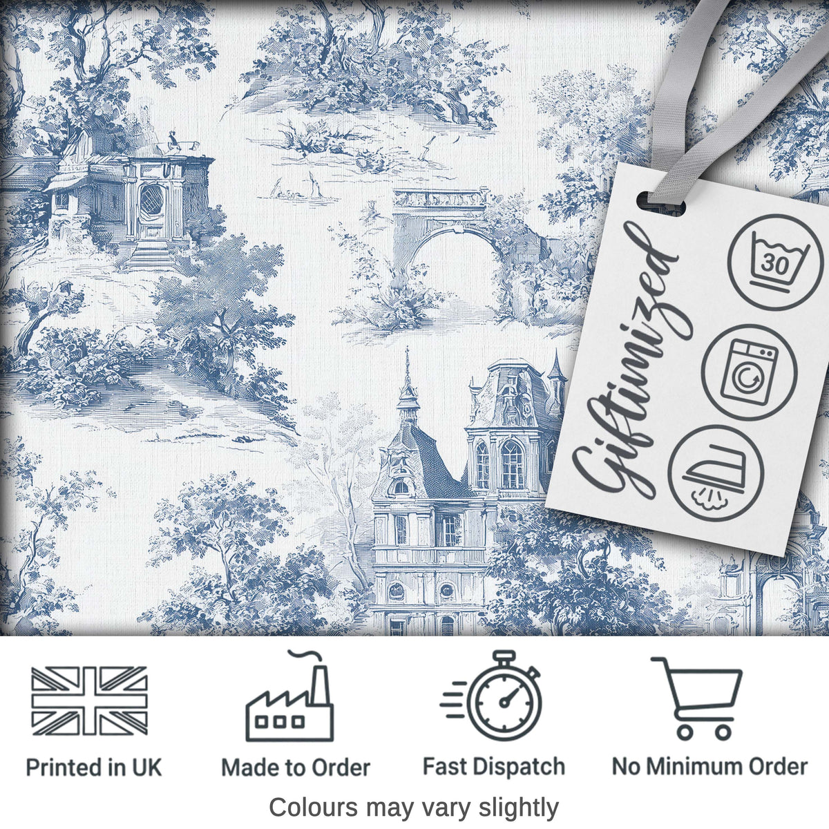 Vintage Toile Architectural Landscape Pattern Blue and White Seamless Digital Print Fabric by the Metre UK Sewing Quilting Textile