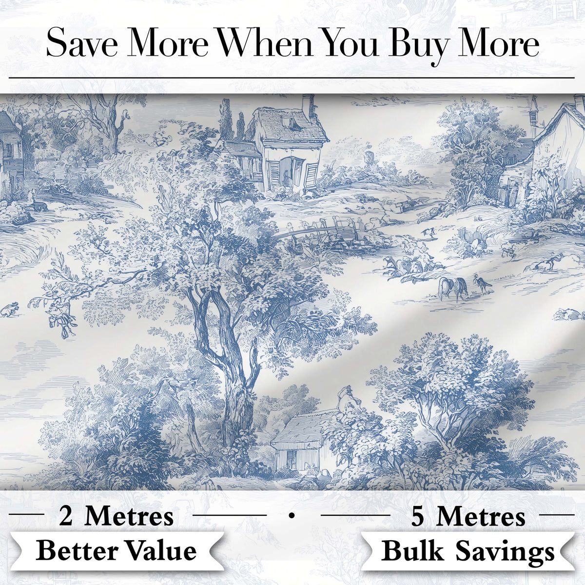 Vintage Toile Countryside Scenic Pattern Classic Blue and White Seamless Digital Print Fabric by the Metre UK Sewing Quilting Textile