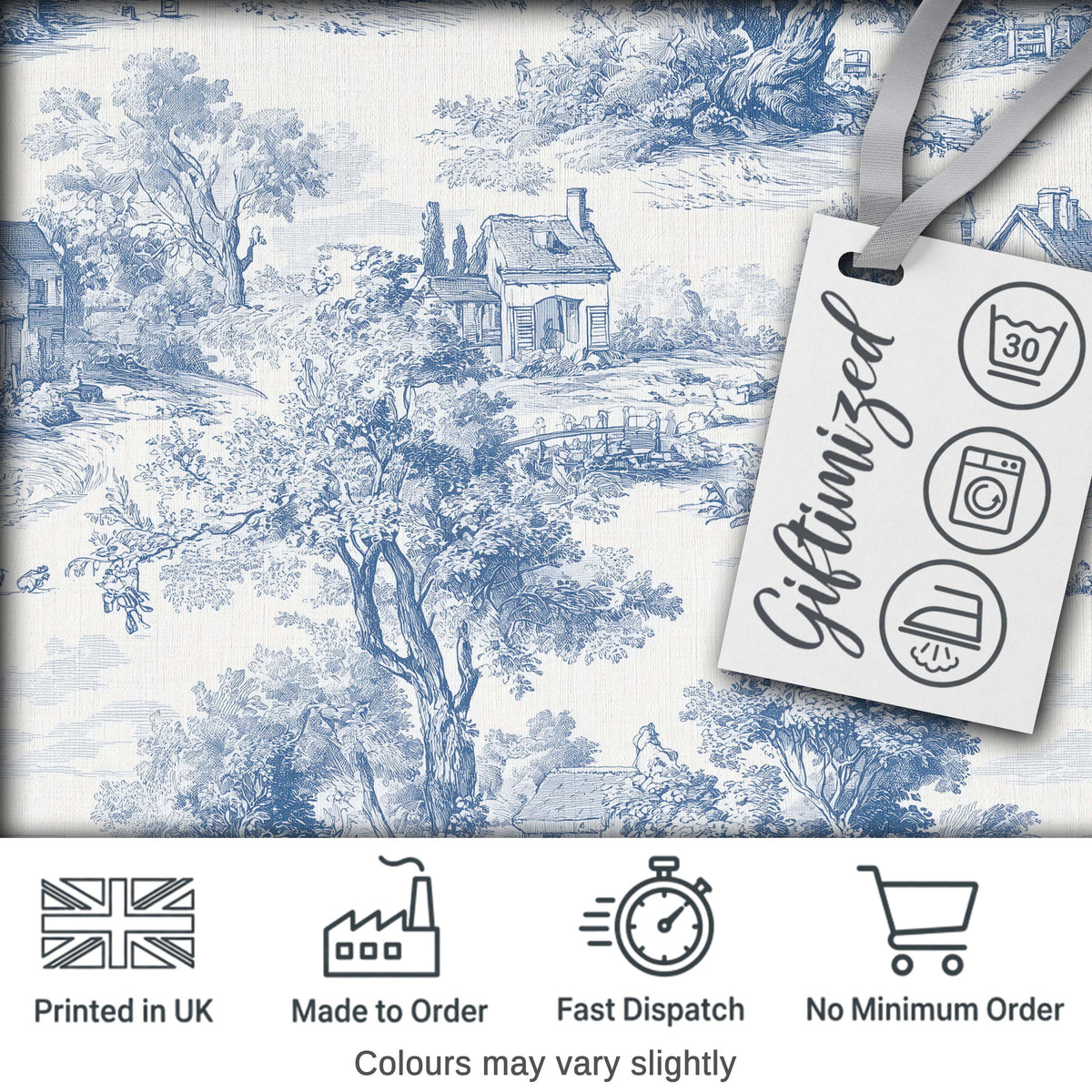 Vintage Toile Countryside Scenic Pattern Classic Blue and White Seamless Digital Print Fabric by the Metre UK Sewing Quilting Textile