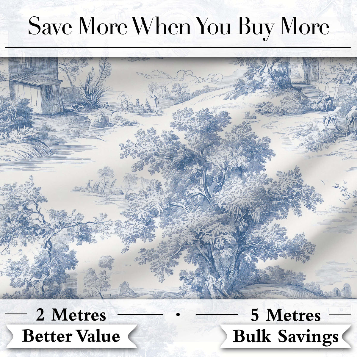 Vintage Toile Pastoral Landscape Pattern Detailed Blue and White Seamless Digital Print Fabric by the Metre UK Sewing Quilting Textile