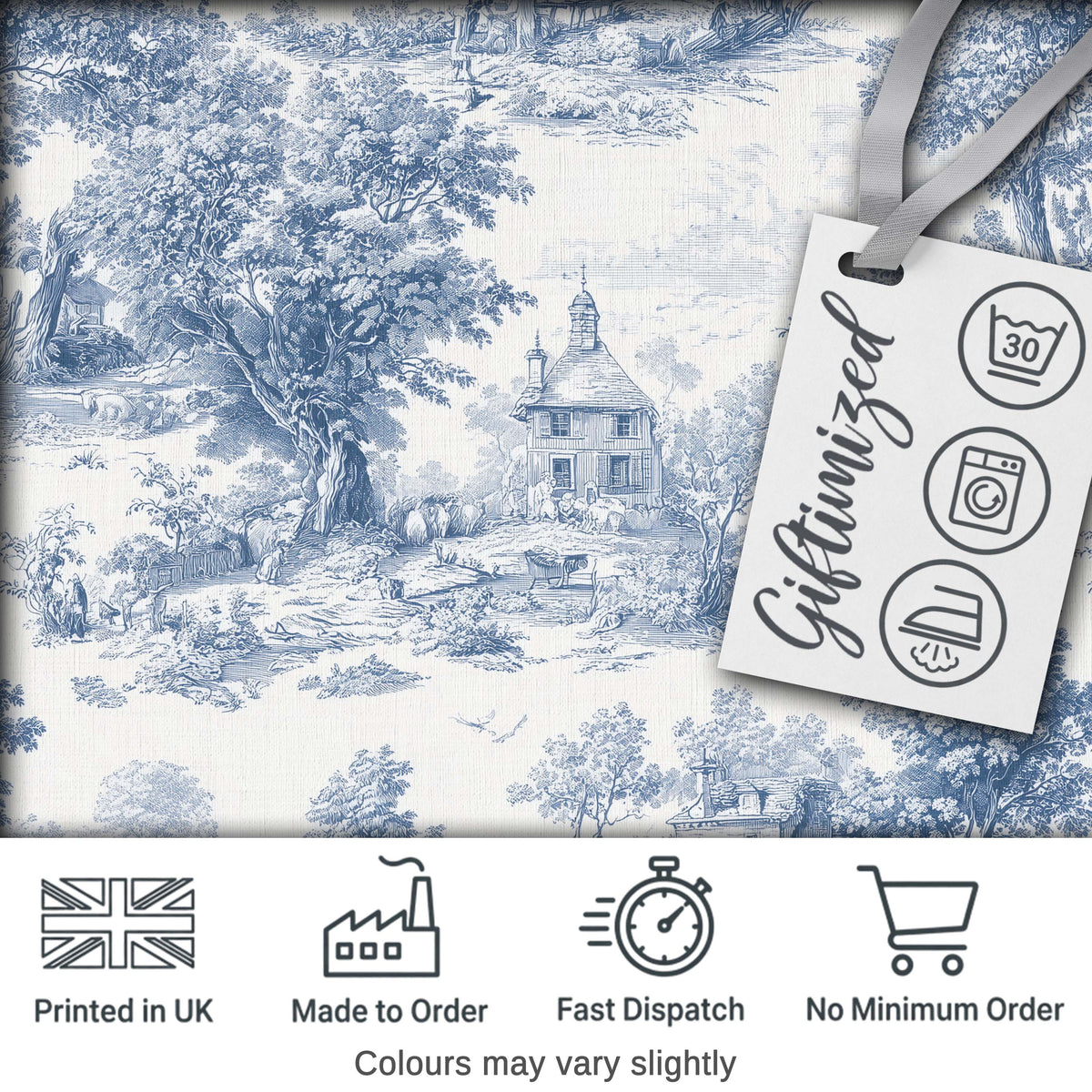 Vintage Toile Countryside Cottage Scene Blue White Seamless Pattern Digital Print Fabric by the Metre UK Sewing Quilting Textile