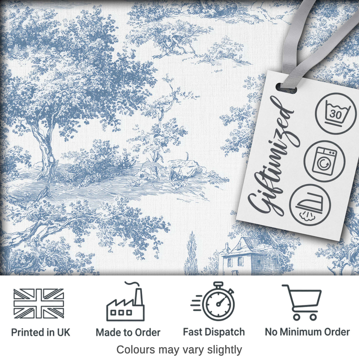 Vintage Toile Scenic Countryside Trees Village Blue White Seamless Pattern Digital Print Fabric by the Metre UK Sewing Quilting Textile