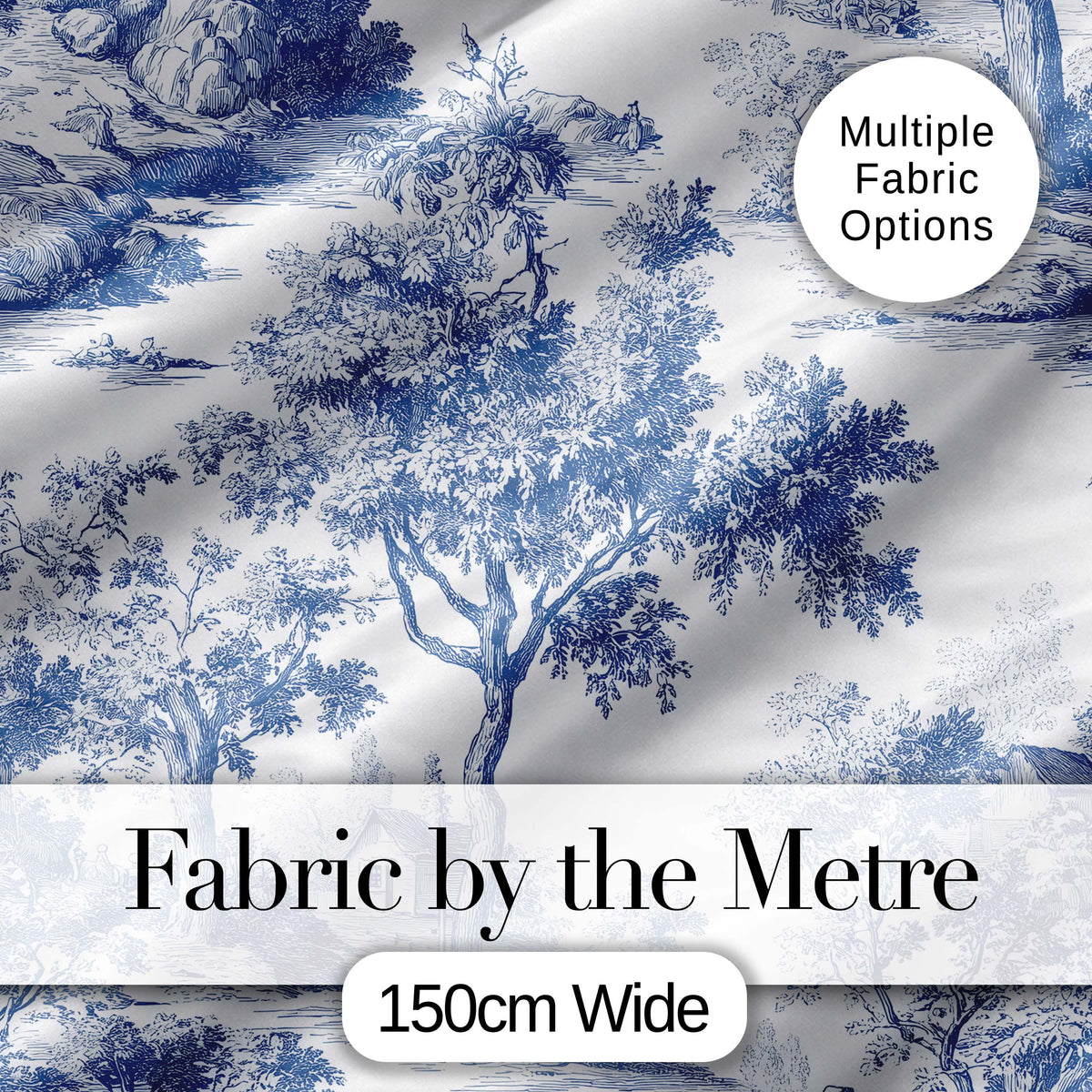 Vintage Toile Tree Botanical Landscape Scene Blue White Seamless Pattern Digital Print Fabric by the Metre UK Sewing Quilting Textile
