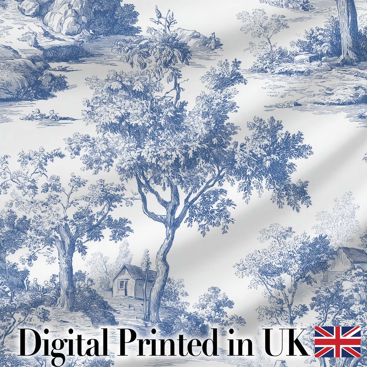 Vintage Toile Tree Botanical Landscape Scene Blue White Seamless Pattern Digital Print Fabric by the Metre UK Sewing Quilting Textile
